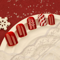 Candy Striped Snowflakes Press on Nails 24Pcs Short Squoval Nails