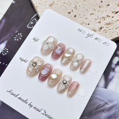 3D Ice Flower Handmade press on Nails / 10Pcs Oval Nails