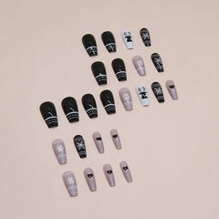 Snowflake Elk Black White Press on Nails 24Pcs Long Ballerina Nails