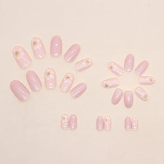 Pink Flowers Press on Nails 24Pcs Short Oval Nails