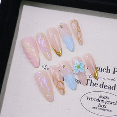 3D Flower Summer Ocean Handmade press on Nails / 10Pcs Almond Nails