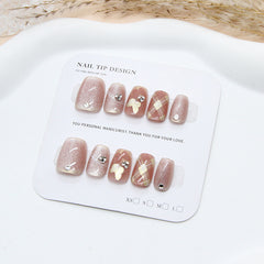 Plaid Golden Butterfly Cat Eye(Handmade press on nails)/10Pcs Squoval Nails