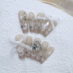 Snowflake Cat Eye Diamond Handmade press on Nails / 10Pcs Ballerina Nails