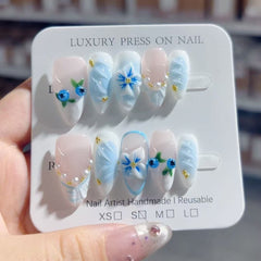Line Blueberry Flower(Handmade press on nails)/10Pcs Almond Nails