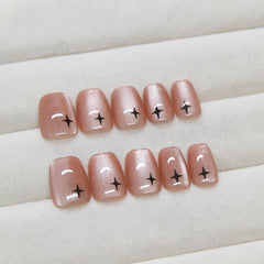 Star Cat Eye Pink Press on Nails 24Pcs Short Squoval Nails