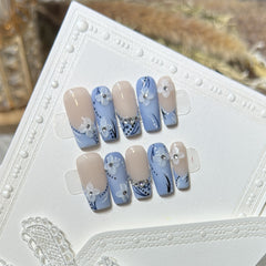 Blue and White Porcelain(Handmade press on nails)/10Pcs Ballerina Nails