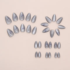 Cat Eye Gray Bow Press on Nails 24Pcs Short Almond Nails