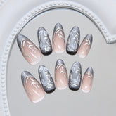 Leaves and Flowers French Cat Eye on Nails 30Pcs Medium Almond Nails