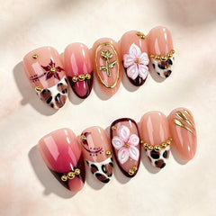 Leopard Blush 3D Flower Presson on Nails 10Pcs Medium Almond Nails