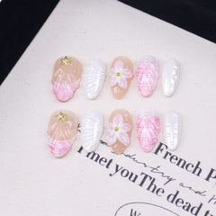 3D Flower Shell Ocean Handmade press on Nails / 10Pcs Almond Nails