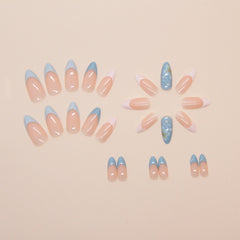 Summer Sea Wave Shells Blue Press on Nails 24Pcs Medium Almond Nails