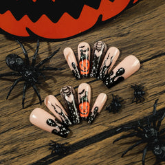 Black Flame Pumpkin Spider Web Press on Nails 24Pcs Long Ballerina Nails