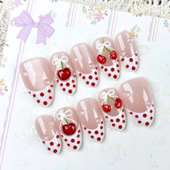 French 3D Cherry Presson on Nails 10Pcs Medium Almond Nails