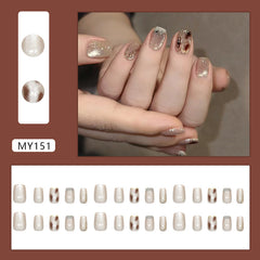 Cat Eye French Dark Brown Blending Press on Nails 24Pcs Short Squoval Nails