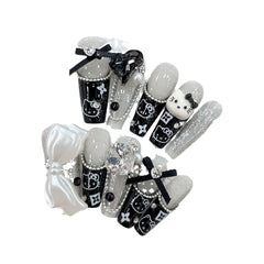 French Bow Kitty Handmade press on Nails / 10Pcs Ballerina Nails