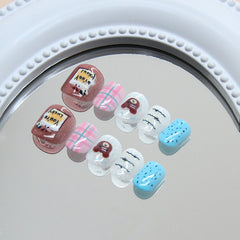 Bear Cat Eye Blue Pink Plaid(Handmade Press On Nails)/10Pcs Short Children's Nails
