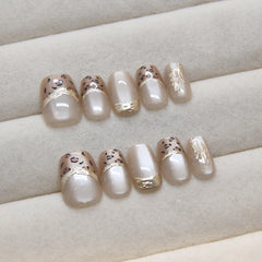 Leopard Print 3D Lines Cat Eye Gradient(Handmade press on nails)/10Pcs Squoval Nails