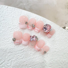 Pink Plaid French Diamond Handmade press on Nails / 10Pcs Squoval Nails