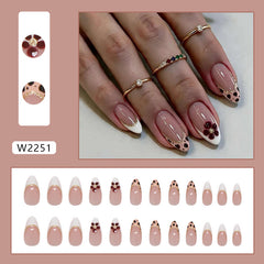 French Leopard Print Flower Presson on Nails 24Pcs Medium Almond Nails