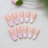 3D French Ice Flower Press on Nails 24Pcs Long Ballerina Nails