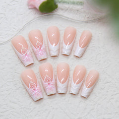 3D French Ice Flower Press on Nails 24Pcs Long Ballerina Nails