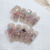 Bow Diamond Handmade press on Nails / 10Pcs Ballerina Nails