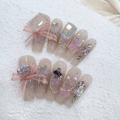 Bow Diamond Handmade press on Nails / 10Pcs Ballerina Nails