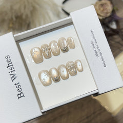 Bow Cat Eye Handmade press on Nails / 10Pcs Squoval Nails