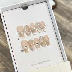 French Flowers Cat Eye Handmade press on Nails / 10Pcs Oval Nails