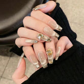 French Champagne Diamond Cat Eye(Handmade press on nails)/10Pcs Coffin Nails