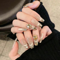 French Champagne Diamond Cat Eye(Handmade press on nails)/10Pcs Coffin Nails