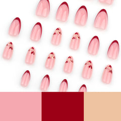 French Red Heart Press on Nails 24Pcs Medium Almond Nails