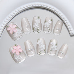 3D Spring Flowers Cat Eye(Handmade press on nails)/10Pcs Squoval Nails