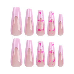 Pink French love stars Press on Nails 24Pcs Long Ballerina Nails