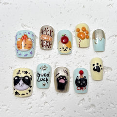 3D Cute Cat(Handmade press on nails)/10Pcs Square Nails