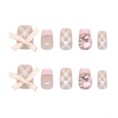 Plaid Diamond Bow(Handmade press on nails)/10Pcs Squoval Nails