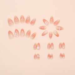 Butterfly 3D flower Pink Press on Nails 24Pcs Short Almond Nails