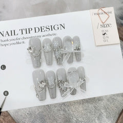 Snowflake Bow Diamond Handmade press on Nails / 10Pcs Squoval Nails