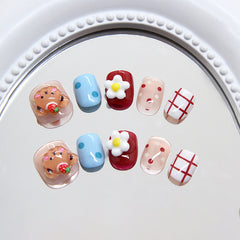 Polka Dot Bear Flowers(Handmade Press On Nails)/10Pcs Short Children's Nails