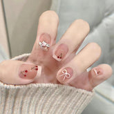 Cherry Bow French Press on Nails 24Pcs Short Square Nails