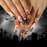 Black Flame Pumpkin Spider Web Press on Nails 24Pcs Long Ballerina Nails