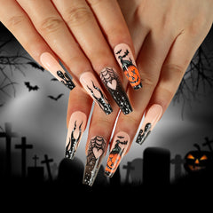 Black Flame Pumpkin Spider Web Press on Nails 24Pcs Long Ballerina Nails