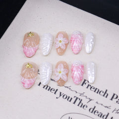 3D Flower Shell Ocean Handmade press on Nails / 10Pcs Almond Nails