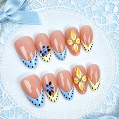 French Blueberry Blossom Press on Nails 10Pcs Medium Almond Nails