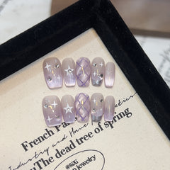 Purple Plaid Stars Cat Eye Handmade press on Nails / 10Pcs Squoval Nails