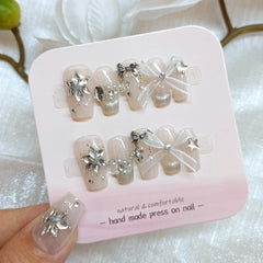 Snowflake & Diamond Bow(Handmade press on nails)/10Pcs Coffin Nails