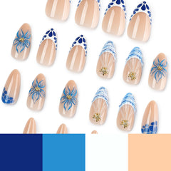 Blue & White 3D Flower Presson on Nails 24Pcs Medium Almond Nails
