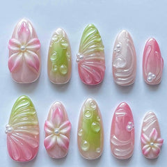 3D Shading Flowers(Handmade press on nails)/10Pcs Almond Nails