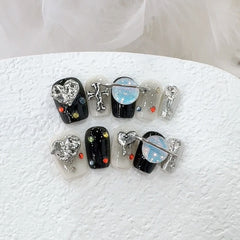 Black & White Love Planet Handmade press on Nails / 10Pcs Squoval Nails