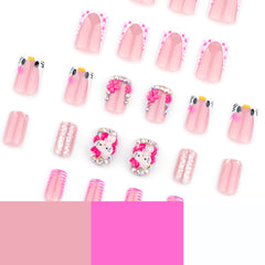 French Kitty Heart Press on Nails 24Pcs Short Squoval Nails